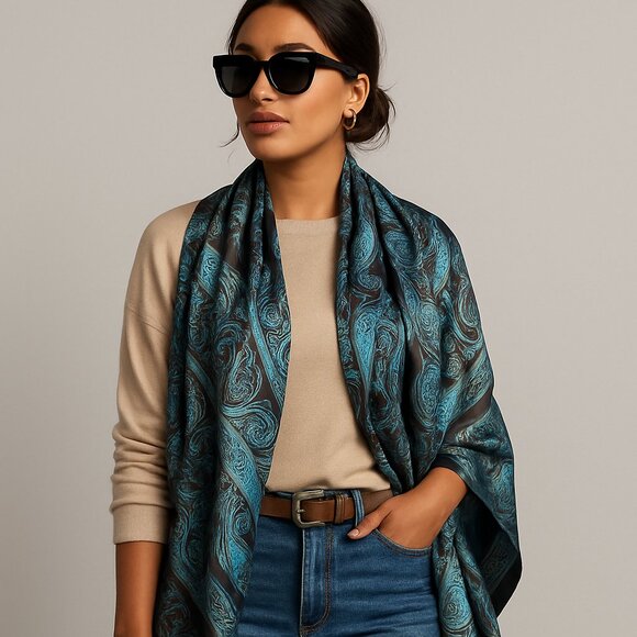 Elegant Blue & Brown Paisley Silk-Feel Scarf Shawl Wrap – Boho Chic Accessory - Picture 1 of 7